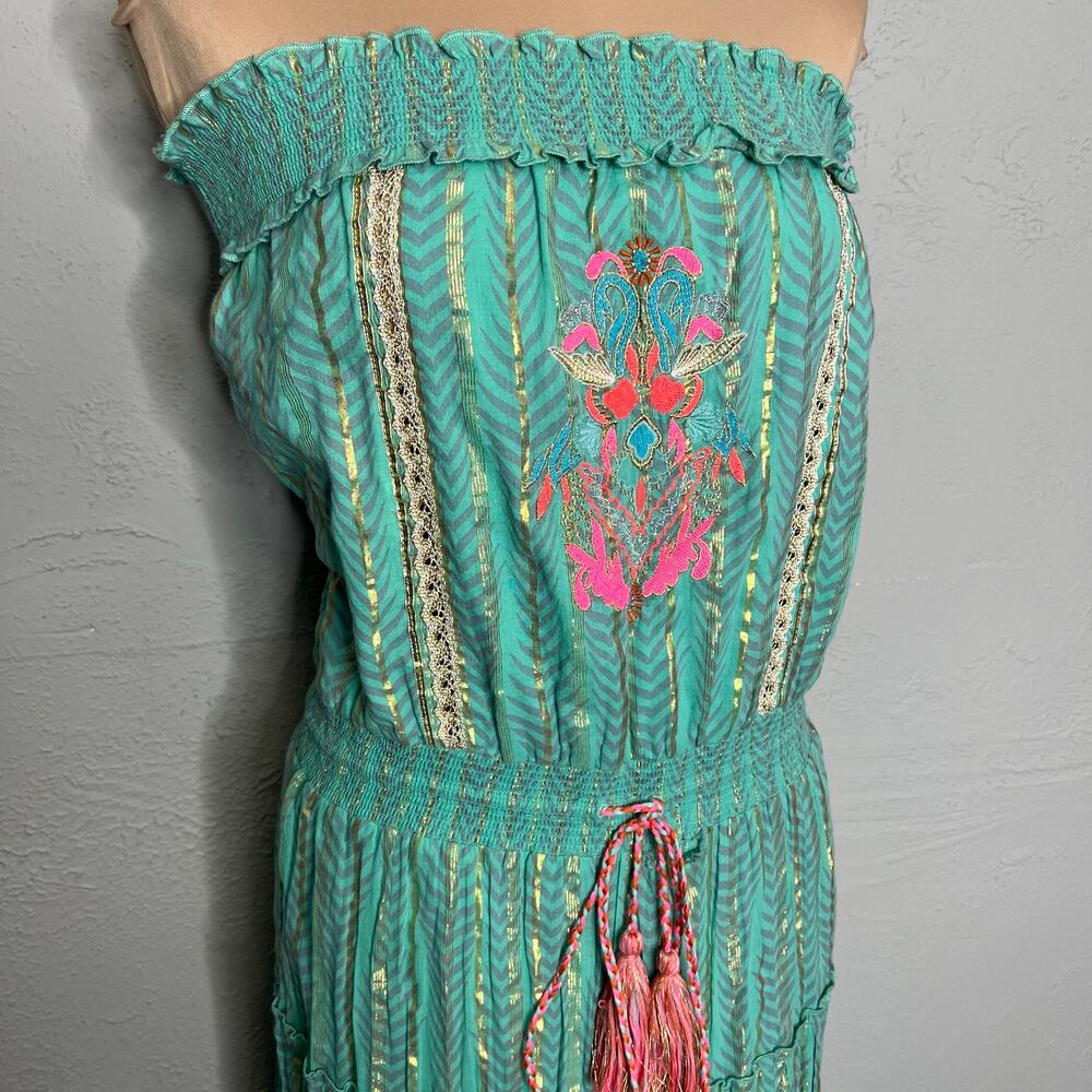 Venus Strapless Dress M/L Womens Bohemian Maxi Metallic Gold Teal Tassel Hippie - Picture 5 of 12